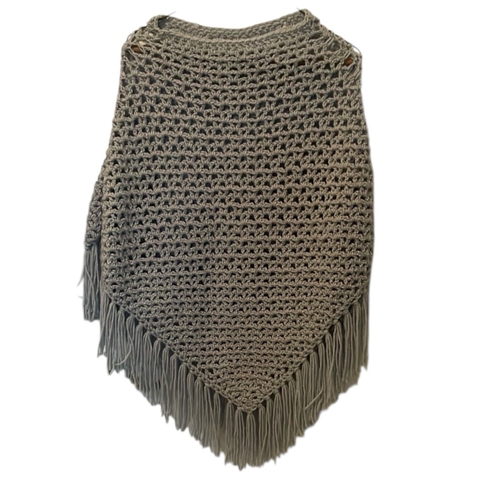 Handmade Crocheted Poncho Cape Blue Slate Fringe Handcrafted Women’s Small